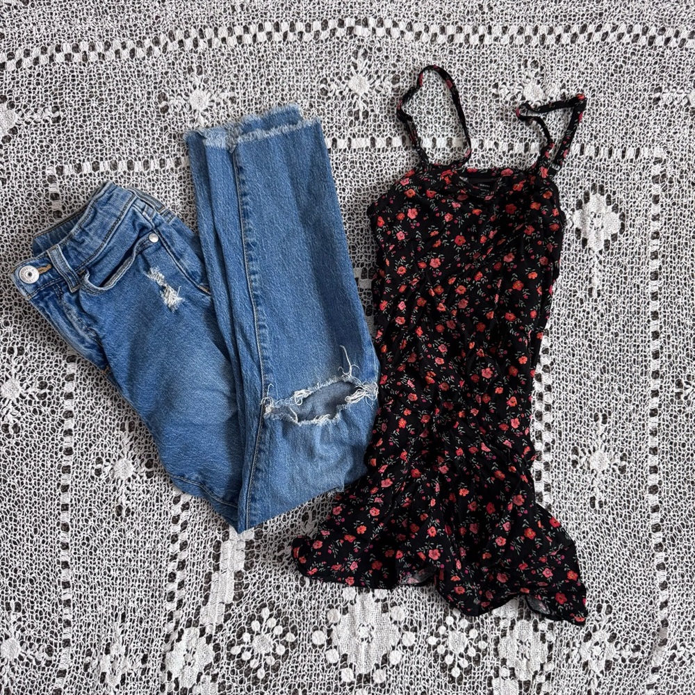 Art Class Floral Dress + Distressed Jeans 6X Girls Spring Outfit | Bundle